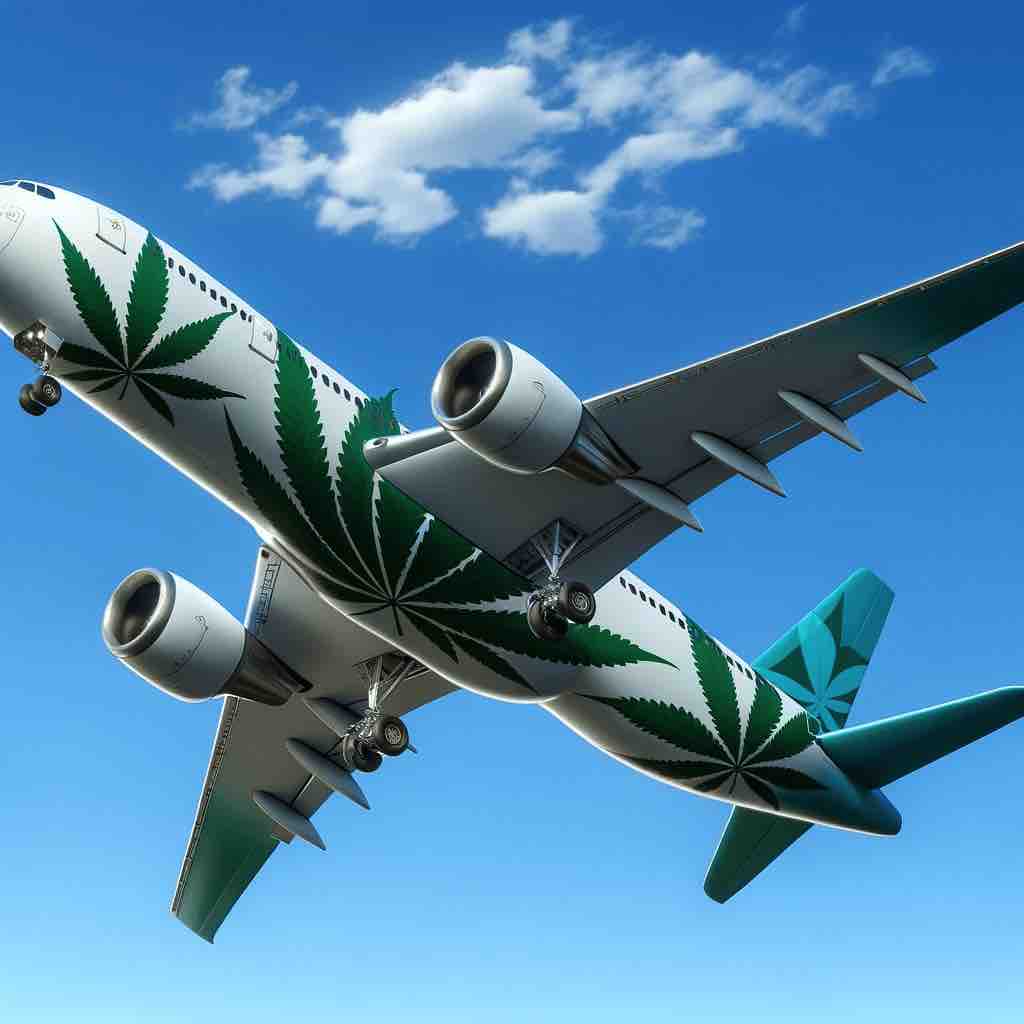 Airplane with Cannabis Leaf Design Flying in Blue Sky